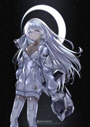  breasts cleavage feet_out_of_frame female ffffff_(sarasadou_dan) helmet highres jacket long_hair long_sleeves medium_breasts moon original partially_unzipped sarasadou_dan science_fiction sky star_(sky) starry_sky thighhighs unworn_headwear unworn_helmet white_jacket 