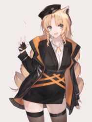  ! :d animal_ears arknights arm_up belt black_gloves black_hat black_jacket black_thighhighs blonde_hair breasts collarbone collared_shirt cowboy_shot drill_hair earpiece female fingerless_gloves gloves green_eyes hat highres jacket long_hair looking_at_viewer medium_breasts oerba_yun_fang open_clothes open_jacket open_mouth shirt simple_background skin_fang smile solo standing swire_(arknights) thighhighs tiger_ears white_background white_shirt yki 