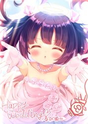  ^_^ ahoge arms_up bare_shoulders black_hair blush bow closed_eyes collarbone commentary_request dress facing_viewer female flower foreshortening gloves hairbow halo highres long_hair original outstretched_arms parted_lips pink_bow rose solo strapless strapless_dress white_dress white_flower white_gloves white_rose yata_(yatao_zzz) 