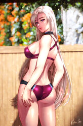  ass aurelia_le_guin bikini breasts eiyuu_densetsu esther_shen female hajimari_no_kiseki large_breasts long_hair looking_at_viewer outdoors purple_eyes sen_no_kiseki signature solo swept_bangs swimsuit water_drop wet wet_clothes wet_swimsuit white_hair 