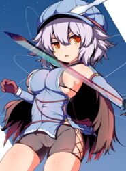  black_bra black_shorts blue_background blue_headwear bra breasts commentary_request female gloves grey_hair holding holding_sword holding_weapon kredorf kuruha_(sequel_awake) large_breasts looking_to_the_side open_mouth red_eyes red_gloves sequel_(series) sequel_awake short_hair shorts sideboob skindentation solo sword underwear weapon 