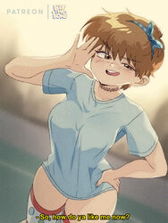  :d alternate_hair_length alternate_hairstyle artist_name artist_self-insert blue_shirt bluesona_(bluethebone) bluethebone blurry blurry_background breasts brown_eyes brown_hair commentary english_commentary english_text female hairband hand_up hands_on_own_hips highres large_breasts looking_at_viewer meme no_pants open_mouth original pajamas_challenge_(meme) patreon_username polka_dot polka_dot_legwear polka_dot_thighhighs retro_artstyle self-portrait shirt short_hair smile smug solo subtitled t-shirt teeth thighhighs tongue tongue_out uneven_eyes upper_teeth_only 