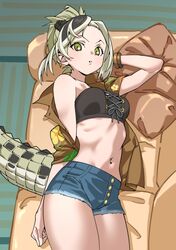  absurdres black_hair braid breasts brown_shirt commentary couch crocodilian_tail crop_top crown_braid cutoffs denim denim_shorts female forehead from_above green_eyes green_hair highres kemono_friends looking_at_viewer lying medium_breasts midriff multicolored_hair navel off_shoulder on_couch parted_lips pillow ribs saltwater_crocodile_(kemono_friends) shirt short_shorts shorts single_bare_shoulder solo tail tanabe_(fueisei) two-tone_hair 