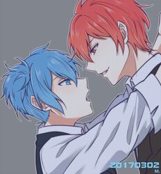  2boys akabane_karma ansatsu_kyoushitsu bad_id bad_twitter_id black_jacket black_vest blue_eyes blue_hair collared_shirt commentary dated eye_contact face-to-face from_side grey_background grin hair_between_eyes height_difference jacket kunugigaoka_middle_school_uniform long_sleeves looking_at_another male_focus meipoi multiple_boys open_mouth profile red_eyes red_hair school_uniform shiota_nagisa shirt short_hair simple_background sleeves_rolled_up smile upper_body vest white_shirt yaoi 