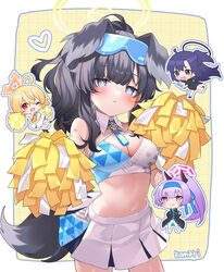  4girls ;d animal_ears arm_tattoo armpits black_hair blonde_hair blue_archive blue_buruma blue_headband breasts buruma character_name chibi chibi_inset cleavage commentary_request detached_collar dog_ears dog_girl dog_tail droopy_ears embarrassed eyewear_on_head facial_tattoo floating_headgear gakuran grey_eyes gym_shirt gym_uniform hair_between_eyes halo headband headgear hibiki_(blue_archive) hibiki_(cheer_squad)_(blue_archive) highres holding holding_pom_poms holding_stick kotori_(blue_archive) kotori_(cheer_squad)_(blue_archive) leaning_forward long_hair long_sleeves looking_at_viewer low_twintails medium_hair millennium_cheerleader_outfit_(blue_archive) multiple_girls navel official_alternate_costume official_alternate_hairstyle one_eye_closed pants parted_bangs parted_lips pleated_skirt pom_pom_(cheerleading) ponytail purple_eyes purple_hair red_eyes saiki_komari school_uniform shirt short_sleeves sidelocks simple_background skirt sleeveless smile star_tattoo stick stomach sunglasses tail tattoo twintails two-tone_background two-tone_skirt two_side_up utaha_(blue_archive) utaha_(cheer_squad)_(blue_archive) white_pants white_skirt yuuka_(blue_archive) yuuka_(track)_(blue_archive) 