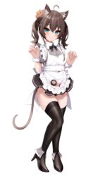  absurdres ahoge alternate_costume animal_ear_fluff animal_ears apron black_bow black_bowtie black_thighhighs blue_eyes blush bow bowtie breasts brown_hair cat_ears cat_tail closed_mouth female frilled_apron frills full_body hair_between_eyes high_heels highres hololive legs looking_at_viewer matsurisu miniskirt natsuiro_matsuri roina_(effj7473) short_sleeves simple_background skirt small_breasts smile solo tail thighhighs twintails virtual_youtuber white_apron white_background wrist_cuffs 