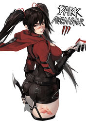  ass belt_pouch black_garter_straps black_hair black_shorts blood blood_on_face blood_on_weapon breasts cape commentary copyright_name dark_avengers_3 dual_wielding english_commentary female fingernails garter_straps hair_ornament hair_scrunchie high-waist_shorts highres holding holding_weapon large_breasts lips long_hair looking_back meme_attire nexon nose open-chest_sweater pale_skin pouch red_cape red_eyes red_sweater scrunchie short_sword shorts simple_background solo strap sweater sword turtleneck turtleneck_sweater twintails unizama weapon white_background 