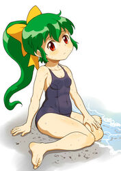  bow chikyuu_bouei_kazoku collarbone female green_hair highres oomaeda ponytail red_eyes school_swimsuit shiratori_eren swimsuit water yellow_bow 