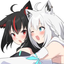  2girls ;d ahoge animal_ear_fluff animal_ears bare_shoulders black_hair blue_eyes blush braid detached_sleeves dual_persona earrings fox_ears fox_girl grey_hair hair_between_eyes hololive hug hug_from_behind jewelry kumarang kurokami_fubuki long_hair looking_at_another multicolored_hair multiple_girls oerba_yun_fang one_eye_closed red_eyes red_hair shirakami_fubuki side_braid sidelocks single_braid smile streaked_hair transparent_background upper_body virtual_youtuber 