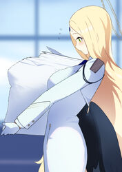  80kc ayumu_(blue_archive) black_wings blonde_hair blue_archive blush breasts facial_mark female flying_sweatdrops forehead_mark from_side gloves green_eyes highres holding holding_paper large_breasts long_hair long_sleeves low_wings paper paper_stack profile solo sweatdrop very_long_hair white_gloves wings 