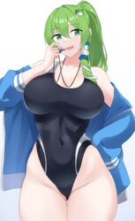  absurdres black_one-piece_swimsuit blue_jacket breasts collarbone competition_swimsuit covered_navel female frog_hair_ornament green_eyes green_hair hair_ornament hair_tubes highleg highleg_swimsuit highres ibuki_grunt jacket kochiya_sanae large_breasts long_hair long_sleeves looking_at_viewer multicolored_clothes multicolored_swimsuit one-piece_swimsuit open_clothes open_jacket open_mouth ponytail simple_background smile snake_hair_ornament solo standing swimsuit touhou track_jacket two-tone_swimsuit whistle whistle_around_neck white_background white_one-piece_swimsuit 