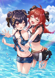  2girls ahoge bikini bikini_skirt black_bikini black_hair black_ribbon blue_bikini blue_sky blush braid breasts bun_cover chinese_clothes choker closed_eyes cloud collarbone commentary_request double_bun flat_chest frilled_bikini frills hair_between_eyes hair_bun hair_ornament hair_ribbon highres idolmaster idolmaster_shiny_colors iku2727 komiya_kaho long_hair morino_rinze multiple_girls ocean one_eye_closed open_mouth outdoors print_bikini red_eyes red_hair ribbon short_hair sky small_breasts smile swimsuit swimsuit_skirt thighs water water_drop wristband 