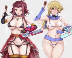  2girls :o antenna_hair ass_visible_through_thighs bare_shoulders belt between_fingers bikini black_bikini black_gloves black_thighhighs blonde_hair blue_belt blue_gloves blush breasts card choker cleavage collarbone detached_collar duel_disk elbow_gloves fingerless_gloves garter_straps gloves highres holding holding_card izayoi_aki jewelry large_breasts long_hair looking_at_viewer looking_back md5_mismatch micro_bikini multiple_girls navel necklace open_mouth r-binon red_choker red_hair short_hair_with_long_locks showgirl_skirt sidelocks simple_background swimsuit tenjouin_asuka thigh_gap thighhighs v-shaped_eyebrows waist_cape white_background yellow_eyes yu-gi-oh! yu-gi-oh!_5d&#039;s yu-gi-oh!_gx 