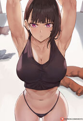  armpits arms_up artist_name black_panties black_shirt breasts brown_hair cleavage commentary crop_top en&#039;en_no_shouboutai english_commentary female highleg highleg_panties highres large_breasts long_hair looking_at_viewer maki_oze midriff navel panties parted_lips patreon_logo patreon_username pink_eyes shexyo shirt skindentation solo string_panties thighs thong toned underwear web_address wide_hips 