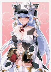  absurdres animal_costume animal_ears animal_print blue_hair border breasts catura_(granblue_fantasy) cow_ears cow_girl cow_hat cow_hood cow_horns cow_print cow_tail draph female granblue_fantasy grey_border hassy_(97197257) highres horns light_blue_hair long_hair micro_shorts navel open_fly orange_eyes own_hands_together pink_background see-through shorts solo tail white_shorts 