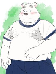  2021 3:4 ambiguous_gender anthro bear blush bottomwear clothing duo fur grope hi_res humanoid_hands kemono male male/ambiguous mammal overweight overweight_anthro overweight_male pants polar_bear shirane_kan shirt solo_focus topwear ursine utau white_body white_fur yaki_atsuage 