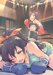  2girls antenna_hair ass black_hair black_shorts black_sports_bra blue_eyes boxing_gloves boxing_ring breasts brown_eyes brown_hair commentary_request ganaha_hibiki green_shorts green_sports_bra idolmaster idolmaster_(classic) jelly_shrimp kikuchi_makoto long_hair medium_hair multiple_girls oerba_yun_fang one_eye_closed open_mouth ponytail shorts signature small_breasts sports_bra sweat 