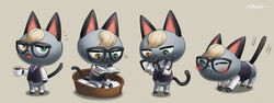  1boy :&lt; absurdres all_fours animal_crossing animal_ears animal_nose artist_name beige_background black-framed_eyewear black_fur black_vest blonde_hair blue_necktie blush body_fur book bottomless cat_boy cat_ears cat_stretch cat_tail cleaning_glasses closed_eyes closed_mouth coffee commentary_request cup drink fangs formal full_body furry furry_male glasses green_eyes grey_fur half-closed_eyes hand_up hands_up happy heterochromia highres holding holding_book iria_(yumeirokingyo) looking_at_viewer looking_down male_focus motion_lines mug multiple_views necktie notice_lines open_book open_mouth orange_eyes pawpads pet_bed raymond_(animal_crossing) reading shirt short_hair signature simple_background sitting smile standing stretching sweat tail tongue tongue_out trembling unworn_eyewear very_short_hair vest white_shirt 