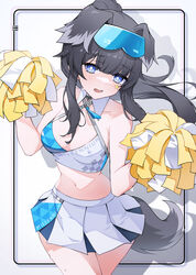  absurdres animal_ears black_hair blue-tinted_eyewear blue_archive blue_eyes blush border breasts cheerleader cleavage collarbone commentary criss-cross_halter crop_top crystalherb dog_girl dog_tail eyewear_on_head female goggles goggles_on_head halo halter_shirt halterneck hibiki_(blue_archive) hibiki_(cheer_squad)_(blue_archive) high_ponytail highres holding holding_pom_poms long_hair md5_mismatch medium_breasts midriff millennium_cheerleader_outfit_(blue_archive) miniskirt navel official_alternate_costume open_mouth pleated_skirt pom_pom_(cheerleading) shadow sidelocks skirt solo standing star_sticker sticker_on_face stomach symbol-only_commentary tail tank_top tinted_eyewear white_skirt 