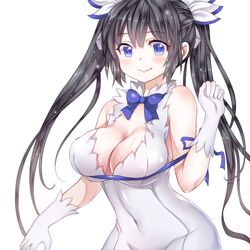  blanket_(kkbjah) blue_eyes blush breasts cleavage covered_navel dungeon_ni_deai_wo_motomeru_no_wa_machigatteiru_darou_ka female female_only gloves hair_ribbon hestia_(danmachi) large_breasts long_hair looking_at_viewer rei_no_himo ribbon simple_background smile solo sweat tied_hair twintails white_background white_gloves 