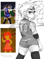  adventure_time ass bare_shoulders colored_skin dnormal11 female fiery_hair flame_princess forehead_jewel from_behind highres holding holding_sword holding_weapon looking_back orange_skin photo-referenced shirt short_hair shorts smile sportswear standing sword thighhighs volleyball_uniform weapon 