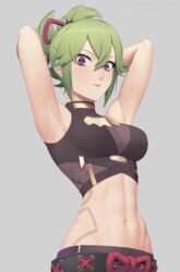  armpits arms_up bare_arms bare_shoulders black_shirt breasts commentary_request crop_top female genshin_impact green_hair grey_background hair_between_eyes kuki_shinobu large_breasts looking_at_viewer midriff navel ponytail purple_eyes putcher shirt short_hair simple_background sleeveless sleeveless_shirt solo stomach upper_body 