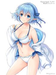  bare_shoulders bikini blue_eyes blue_hair breasts cleavage female fiona_(gemini_seed) front-tie_bikini_top front-tie_top gemini_seed hagino_kouta halterneck highres jacket large_breasts long_sleeves looking_at_viewer navel off_shoulder open_clothes open_jacket pointy_ears short_hair side-tie_bikini_bottom simple_background smile solo stomach swimsuit thighs watermark white_background white_bikini white_jacket 