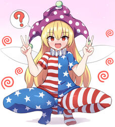  ? @_@ american_flag_dress american_flag_legwear blonde_hair blush clownpiece commentary_request double_v fairy_wings female full_body gradient_background hat hypnosis jester_cap long_hair looking_at_viewer mind_control neck_ruff open_mouth pantyhose pink_background polka_dot purple_hat red_eyes rizento short_sleeves smile solo spiral spoken_question_mark squatting star_(symbol) star_print striped touhou v white_background wings 