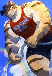  absurd_res anthro biceps big_muscles bottomwear clothing cloud day detailed_background digital_media_(artwork) felid fur headgear headwear hi_res male mammal muscular muscular_anthro muscular_male outside pantherine shirt sky solo stripes syukapong tank_top tiger topwear veiny_arms 