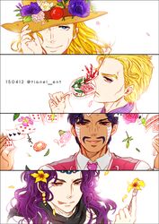  4boys adjusting_clothes adjusting_headwear battle_tendency black_hair blonde_hair blue_eyes card cowboy_hat cup daniel_j._d&#039;arby dark-skinned_male dark_skin diamond_wa_kudakenai drinking_glass earrings facial_hair flower fork hat hat_flower hat_over_one_eye hol_horse jewelry jojo_no_kimyou_na_bouken kars_(jojo) kira_yoshikage korean_commentary licking_lips long_hair male_focus moustache multiple_boys playing_card purple_hair stardust_crusaders tianel_ent tongue tongue_out wavy_hair wine_glass 