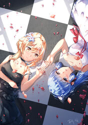  2girls black_choker black_dress blonde_hair blue_eyes blue_hair blunt_bangs blush breasts chahei checkered_floor choker closed_mouth collarbone commentary_request dress flower genshin_impact hair_between_eyes hair_flower hair_ornament highres kamisato_ayaka long_hair lumine_(genshin_impact) lying medium_breasts multiple_girls on_back petals rotational_symmetry sleeveless sleeveless_dress smile strap_slip string string_around_finger string_of_fate white_choker white_dress white_flower yellow_eyes 