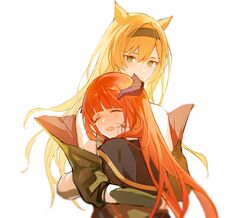  2girls absurdres animal_ears arknights bagpipe_(arknights) bare_shoulders black_hairband blonde_hair blunt_bangs closed_eyes commentary_request crying green_eyes hairband highres horn_(arknights) horns hug jacket long_hair multiple_girls open_mouth orange_hair qinglai_haiji simple_background tears white_background wolf_ears 