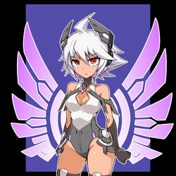  ahoge azure_striker_gunvolt azure_striker_gunvolt_2 bare_shoulders breasts closed_mouth cougar_(cougar1404) elbow_gloves female gloves green_hair groin headgear leotard looking_at_viewer red_eyes roro_(gunvolt) short_hair solo thighhighs 