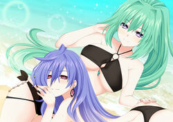  2girls ahoge ass beach bikini black_bikini breasts cleavage earrings green_hair green_heart_(neptunia) hair_between_eyes hand_on_another&#039;s_ass iris_heart jewelry kagura_ittou kami_jigen_game_neptune_v large_breasts long_hair looking_at_viewer lying multiple_girls neptune_(series) o-ring o-ring_bikini on_stomach ponytail power_symbol power_symbol-shaped_pupils purple_eyes purple_hair red_eyes sidelocks smile sparkle swimsuit symbol-shaped_pupils very_long_hair water 