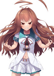  ahoge aqua_sailor_collar belt belt_buckle blush brown_eyes brown_hair buckle clenched_teeth collarbone cowboy_shot female fingernails highres huge_ahoge kantai_collection kuma_(kancolle) kuma_kai_ni_(kancolle) long_hair mofu_namako navel pleated_skirt sailor_collar school_uniform serafuku short_sleeves simple_background skirt solo teeth white_background white_belt white_skirt 