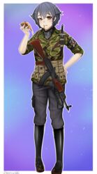  akm ammunition_pouch artist_name assault_rifle black_footwear black_pants black_scarf blush boots border braid brown_eyes camouflage camouflage_jacket closed_mouth commission darkpulsegg eating english_commentary female food full_body girls_und_panzer grey_hair gun hand_on_own_hip highres holding holding_food holding_pizza holster jacket kalashnikov_rifle knife_sheath lips looking_at_viewer pants patch pepperoni_(girls_und_panzer) pizza pizza_slice pouch rifle rubber_boots russo-ukrainian_war scarf sheath short_hair shoulder_holster shoulder_patch simple_background sleeves_rolled_up solo standing wagner_group weapon white_border 