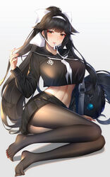  absurdres azur_lane bag black_hair black_pantyhose black_sailor_collar black_serafuku black_shirt black_skirt blush bow breasts crop_top crop_top_overhang feet female full_body gradient_background hair_flaps hairbow highres large_breasts legs long_hair long_sleeves looking_at_viewer midriff nail_polish navel neckerchief no_shoes official_alternate_costume pantyhose pink_nails pleated_skirt ponytail sailor_collar school_bag school_uniform serafuku shirt skirt smile solo takao_(azur_lane) takao_(school_romanza)_(azur_lane) white_bow white_neckerchief wu_ganlan_cai 