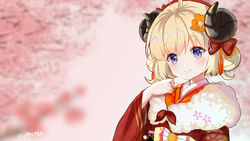  ahoge animal_ears blonde_hair blurry blurry_background blush bow chinese_commentary closed_mouth commentary_request curled_horns depth_of_field double_bun female fur_collar hair_between_eyes hair_bun hairbow hand_up highres hololive horns japanese_clothes kimono long_sleeves looking_at_viewer lunacats obi official_alternate_hair_length official_alternate_hairstyle orange_kimono purple_eyes red_bow red_kimono sash sheep_ears sheep_girl sheep_horns smile solo tsunomaki_watame tsunomaki_watame_(new_year) twitter_username virtual_youtuber wide_sleeves 