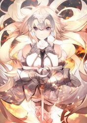  blonde_hair blue_eyes breasts chains fate/apocrypha fate/grand_order fate_(series) female flower gauntlets headgear highres holding holding_sword holding_weapon jeanne_d&#039;arc_(fate) jeanne_d&#039;arc_(third_ascension)_(fate) long_hair looking_at_viewer no-kan photoshop_(medium) smile solo sword very_long_hair weapon white_flower 