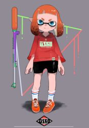  bike_shorts blue_eyes commentary_request female full_body grey_background highres inkling inkling_girl inkling_player_character jacket logo looking_at_viewer orange_footwear orange_hair ryu_(17569823) short_hair smile solo splat_charger_(splatoon) splatoon_(series) standing tentacle_hair 