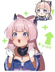  :d arrow_(symbol) bare_shoulders blue_bow blue_eyes blue_gemstone blue_hair blunt_bangs blush bow bow-shaped_hair breasts chibi chibi_inset choker cleavage cropped_torso detached_sleeves excited female flasso gem genshin_impact genshin_impact_sticker_redraw_(meme) gloves hair_ornament highres long_hair meme multicolored_hair open_mouth pink_hair plus_sign sangonomiya_kokomi simple_background small_breasts smile solo upper_body vision_(genshin_impact) w_arms white_background white_gloves wide_sleeves 