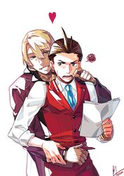  2boys annoyed antenna_hair apollo_justice black_shirt blonde_hair blue_necktie bracelet brown_eyes brown_hair buttoned_cuffs buttons cheek_pinching collared_shirt commentary_request dark-skinned_male dark_skin dated forked_eyebrows grey_eyes grin gyakuten_saiban hair_between_eyes hand_on_another&#039;s_waist hand_on_another&#039;s_wrist heart highres holding holding_paper jacket jewelry klavier_gavin korean_commentary lapel_pin lapels long_sleeves looking_at_another male_focus miz_(bannako) multiple_boys necktie open_collar pants paper pinching popped_collar purple_jacket red_pants red_suit red_vest shirt short_hair signature simple_background sleeves_rolled_up smile spoken_squiggle squiggle suit sweat twisted_hair upper_body vest white_background white_shirt yaoi 