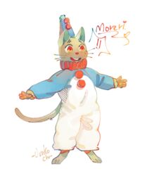  3_toes anthro barefoot clothing clown digitigrade domestic_cat exclamation_point feet felid feline felis happy hat headgear headwear junkochi male mammal open_mouth pawpads paws pierrot_costume red_eyes red_nose solo tiny_hands toes whiskers 