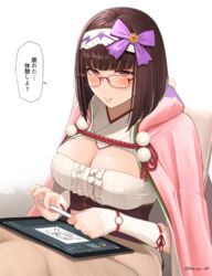  bad_id bad_pixiv_id blush breasts brown_hair cleavage_cutout cloak clothing_cutout commentary_request drawing_tablet fate/grand_order fate_(series) female glasses hairband hibinpo highres holding holding_stylus hood hood_down hooded_cloak large_breasts long_hair osakabehime_(fate) penetration_gesture pink_cloak purple_eyes solo speech_bubble stylus translated twitter_username very_long_hair white_hairband 