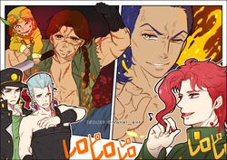  6+boys black_hair blood blood_on_face blue_eyes blue_hair braid brown_hair dark-skinned_male dark_skin devo ebony_devil gakuran grey_hair hat jean_pierre_polnareff jojo_no_kimyou_na_bouken korean_commentary kujo_jotaro long_hair male_focus mannequin multiple_boys puppet red_hair rero_rero rubber_soul scar scar_on_face school_uniform slime_(substance) stand_(jojo) stardust_crusaders tianel_ent topless_male yellow_eyes yellow_temperance 