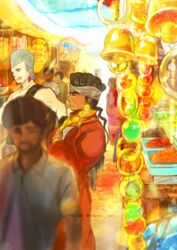  2boys bell black_hair blue_eyes blurry dark-skinned_male dark_skin depth_of_field earrings flattop grey_hair headband jean_pierre_polnareff jewelry jojo_no_kimyou_na_bouken korean_commentary male_focus market_stall mohammed_avdol multiple_boys necklace outdoors spice stardust_crusaders tianel_ent 