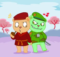  84akuma anthro bathrobe bear bottomless bottomless_anthro bottomless_male brown_body brown_fur clothed clothing duo flippy_(htf) fliqpy_(htf) fur green_body green_fur hand_holding happy_tree_friends headgear headwear heart_symbol knife male male/male mammal pop_(htf) robe smoking_pipe 