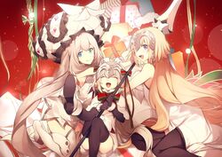  3girls ahoge black_ribbon black_thighhighs blonde_hair blue_eyes bow fate/apocrypha fate/grand_order fate_(series) frilled_hat frills gloves grey_hair hair_ribbon happy hat hat_bow headpiece jeanne_d&#039;arc_(fate) jeanne_d&#039;arc_(third_ascension)_(fate) jeanne_d&#039;arc_alter_santa_lily_(fate) large_hat long_hair looking_at_another marie_antoinette_(fate) marie_antoinette_(third_ascension)_(fate) multiple_girls no-kan open_mouth photoshop_(medium) purple_eyes ribbon smile thighhighs twintails white_bow white_legwear 