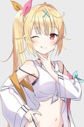  ;q armpits bad_id bad_twitter_id bare_shoulders blonde_hair breasts closed_mouth crop_top female front-tie_top grey_background h_(eitilog) hair_ornament hair_ribbon hand_on_own_hip highleg highres hoshikawa_sara hoshikawa_sara_(1st_costume) jacket large_breasts long_hair looking_at_viewer midriff navel nijisanji off_shoulder one_eye_closed open_clothes open_jacket red_eyes ribbon shirt side_ponytail simple_background sleeveless sleeveless_shirt smile solo stomach tank_top tongue tongue_out upper_body v virtual_youtuber white_jacket white_tank_top x_hair_ornament 