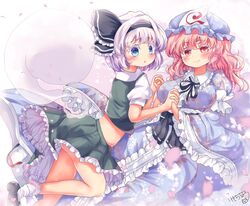  2girls black_hairband blue_eyes blue_headwear blue_kimono breasts closed_mouth commentary_request crop_top floral_print frilled_kimono frills ghost green_eyes green_skirt green_vest grey_hair hairband hat highres holding_hands japanese_clothes kemo_chiharu kimono konpaku_youmu konpaku_youmu_(ghost) large_breasts long_sleeves looking_at_viewer medium_hair midriff mob_cap multiple_girls pink_eyes pink_hair red_eyes saigyouji_yuyuko short_hair short_sleeves signature skirt smile touhou triangular_headpiece vest wide_hips youmu_day 